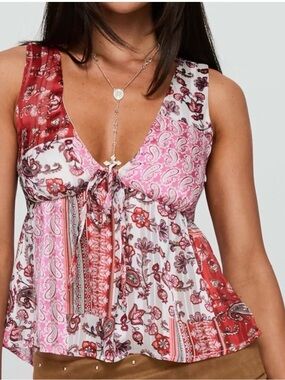 Princess Polly Pink & Red Paisley Tie-Front Tank Top